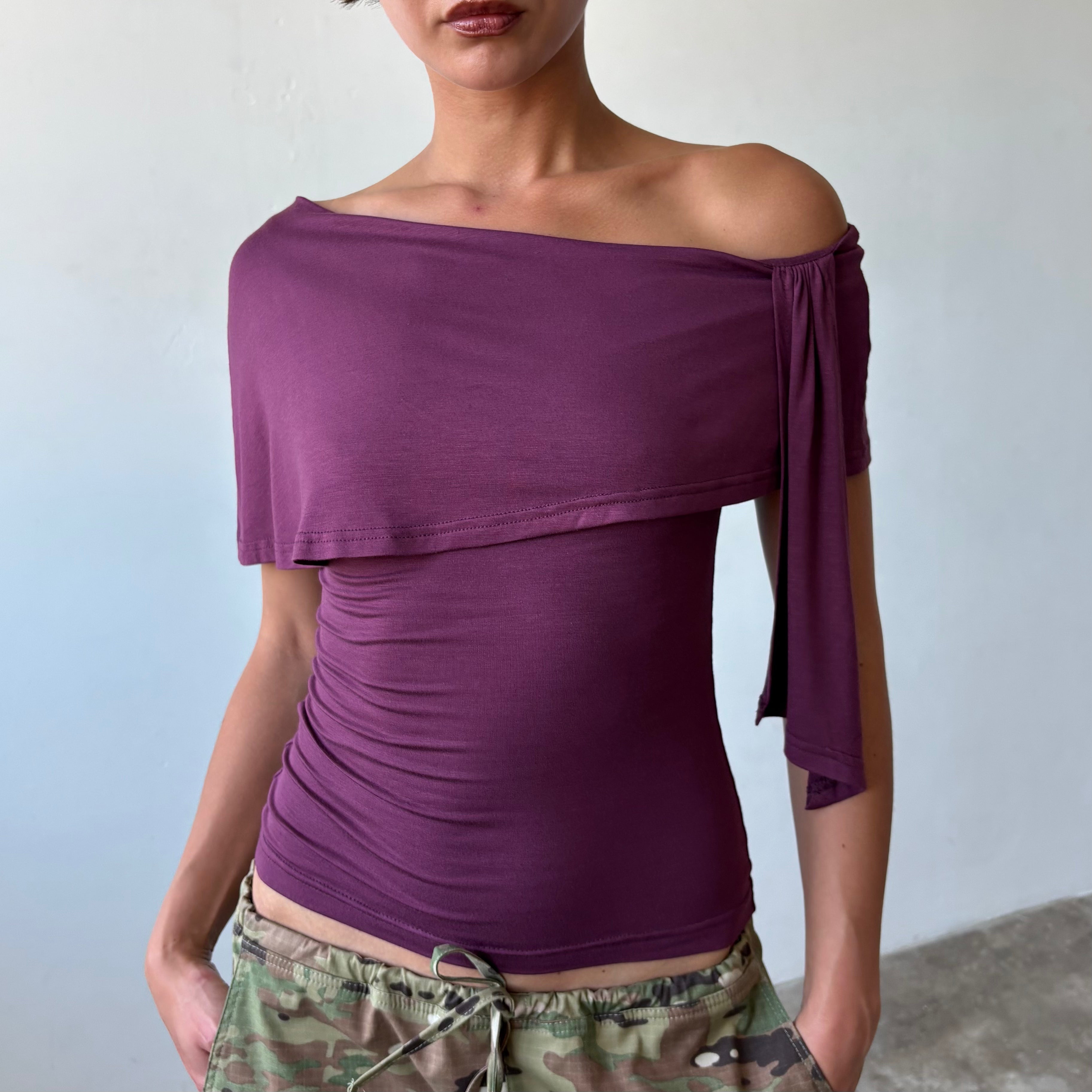Stella Shawl Top in Black and Aubergine