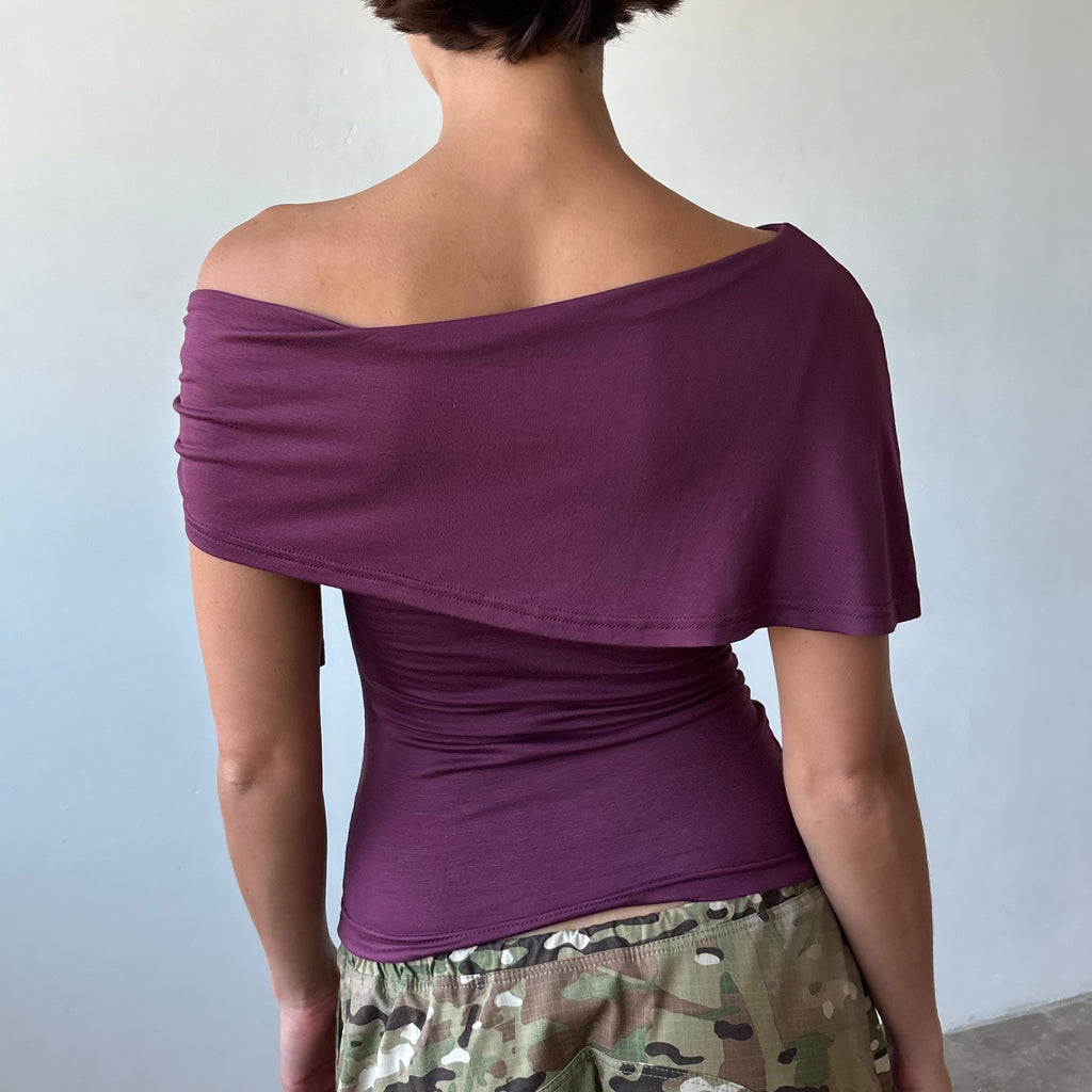 Stella Shawl Top in Black and Aubergine