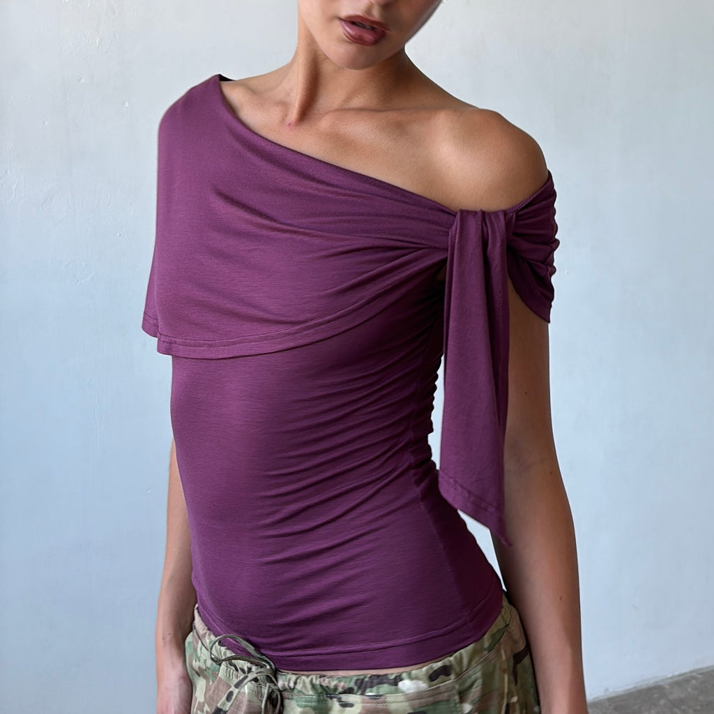 Stella Shawl Top in Black and Aubergine