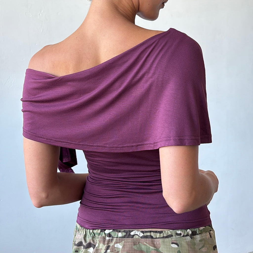 Stella Shawl Top in Black and Aubergine