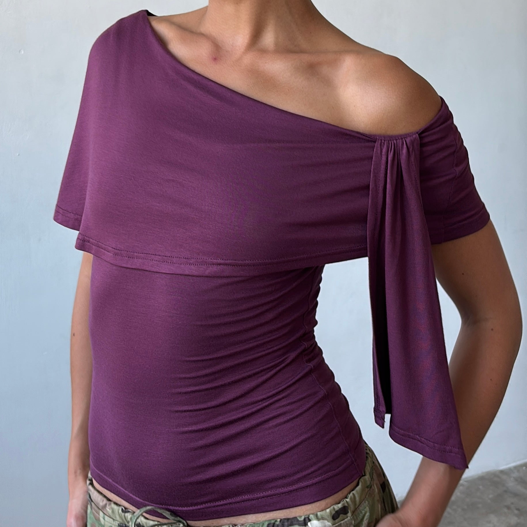 Stella Shawl Top in Black and Aubergine